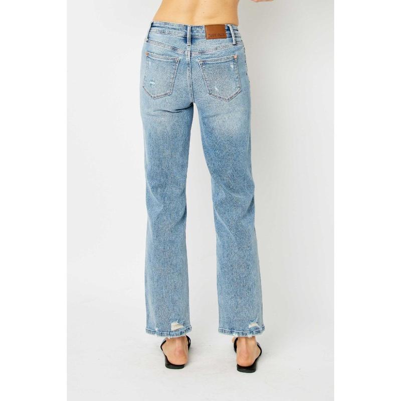 JUDY BLUE MID RISE MEDIUM WASH DESTROY STRAIGHT JEANS